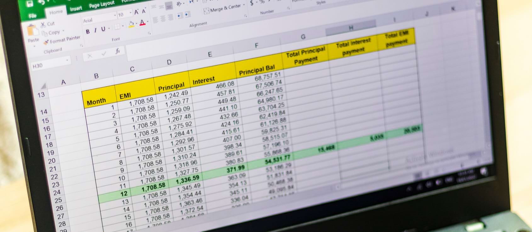 Shot of an excel sheet on computer screen showing bank loan amortization table.