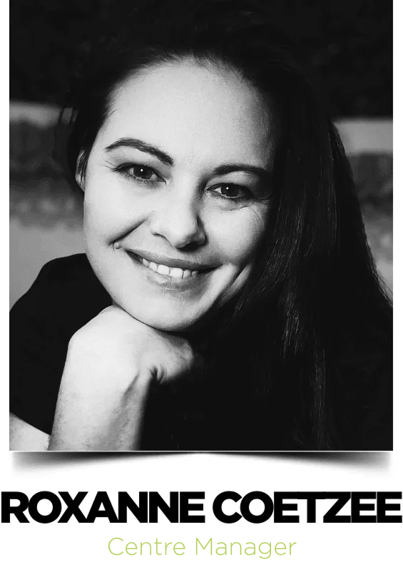 Roxanne Coetzee, Centre Manager at Pitman Training Clare, smiling in a black and white portrait
