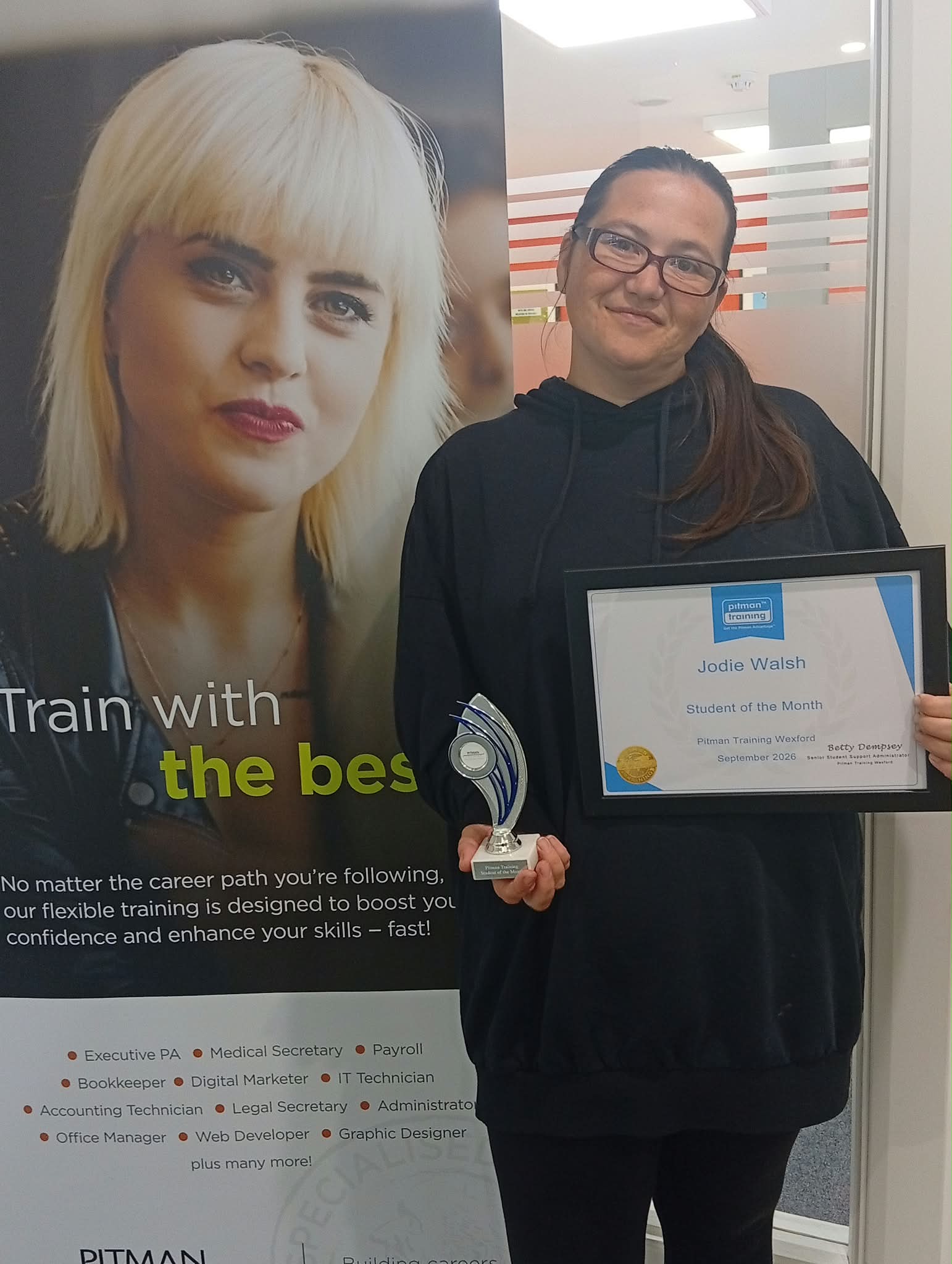 Jodie Walsh, Student of the Month at Pitman Training Wexford