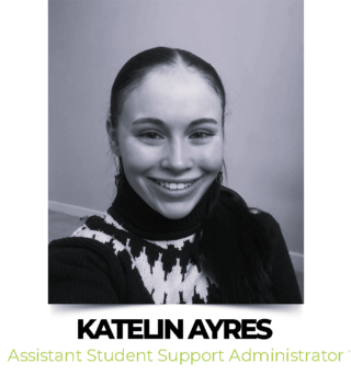 Katelin Ayres – Assistant Student Support Administrator, Pitman Training Wicklow Katelin Ayres, Assistant Student Support Administrator at Pitman Training Wicklow, smiling in a black and white portrait wearing a patterned high-neck top