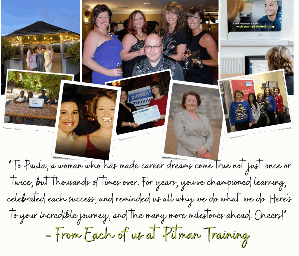 Pitman Training Dover celebrations showing Paula Elliott with students, graduation ceremonies and training achievements over 25 years