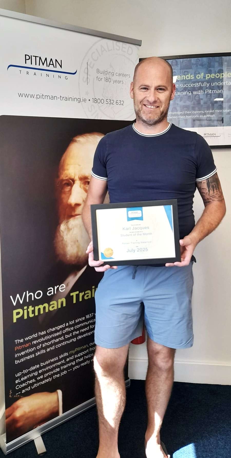 Karl – Student of the Month at Pitman Training Waterford Karl holding his Student of the Month award certificate at Pitman Training Waterford, August 2025.