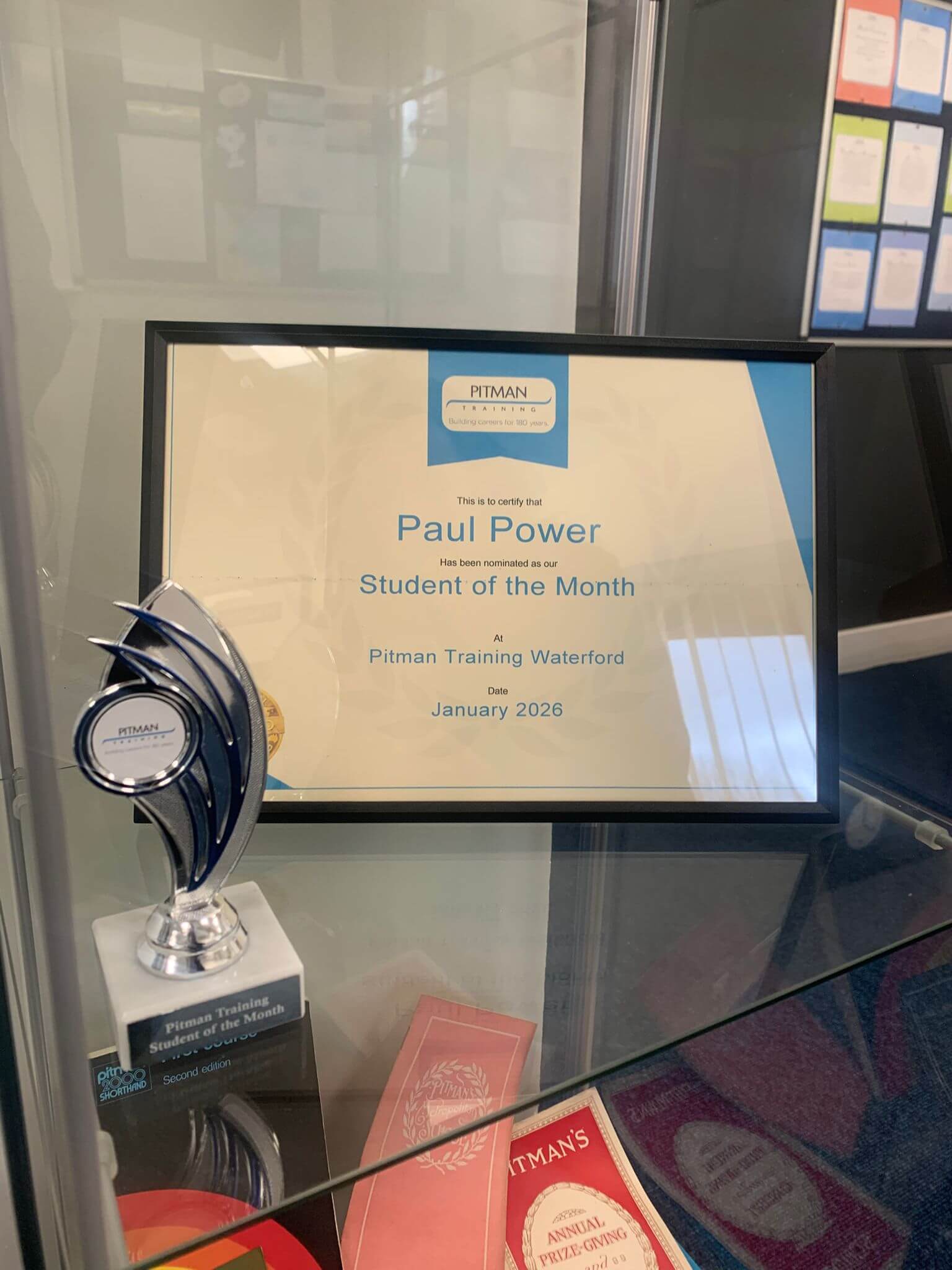 Paul Power Student of the Month January 2026 certificate at Pitman Training Waterford