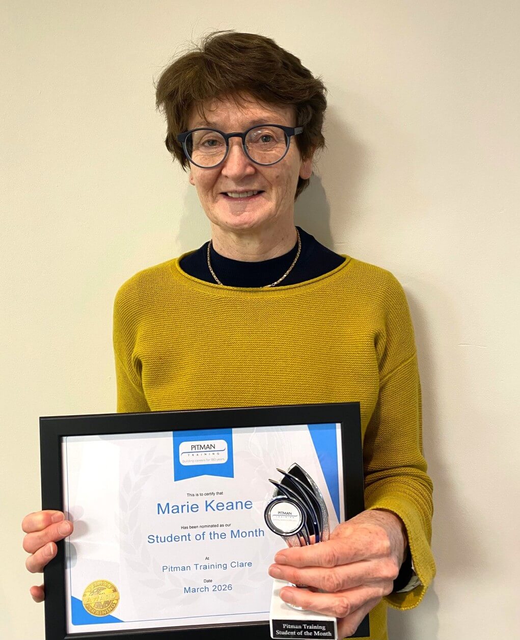 Marie Keane receiving Student of the Month award at Pitman Training Clare March 2026