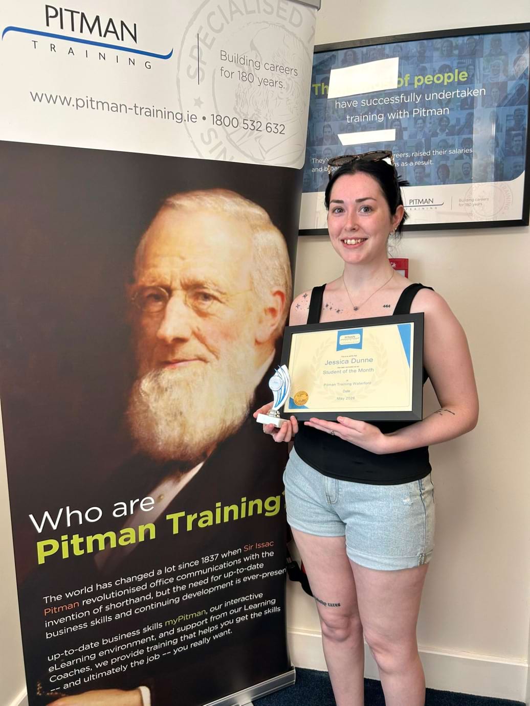 Jessica Dunne receiving Student of the Month award at Pitman Training Waterford May 2026.