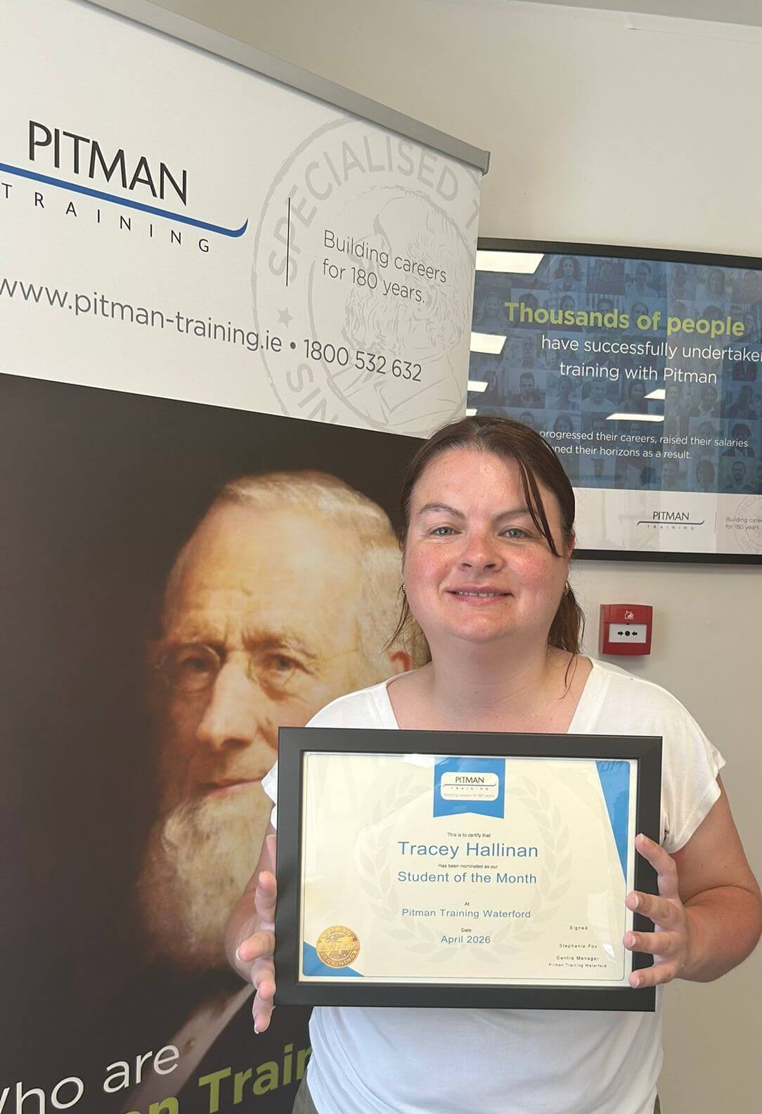 Tracey Hallinan receiving Student of the Month award at Pitman Training Waterford - April 2026