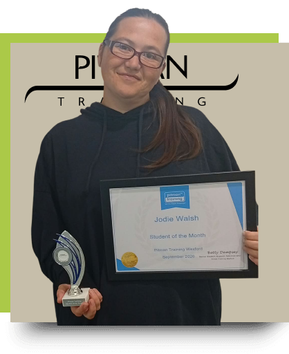 Jodie Walsh, Pitman Training Wexford student Jodie Walsh holding her Student of the Month certificate and trophy at Pitman Training Wexford