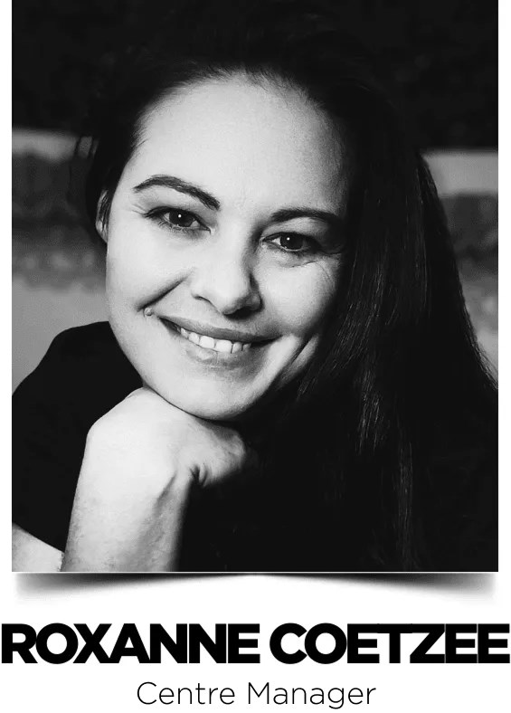 Roxanne Coetzee, Centre Manager Roxanne Coetzee, Centre Manager at Pitman Training Clare, smiling in a black and white portrait